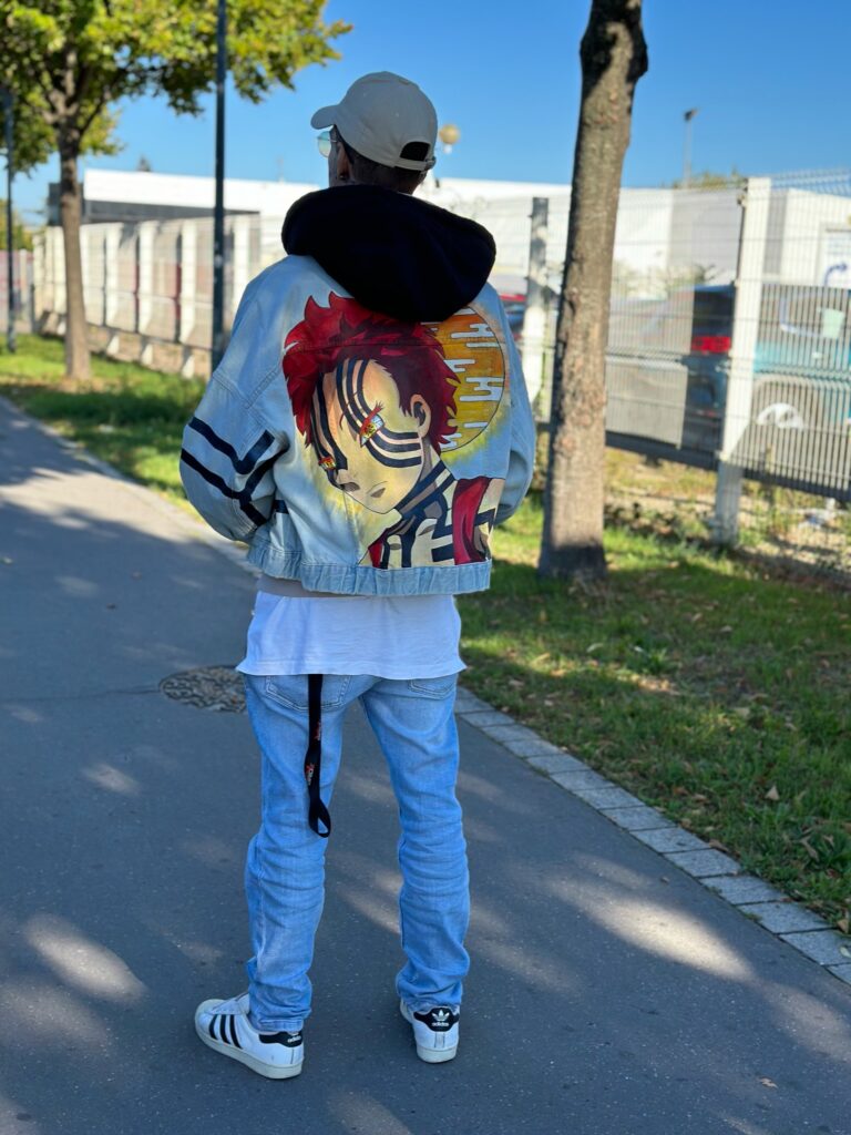 customisation veste personnalisée style manga - demon slayer - Akaza– peinture textile sur veste jean