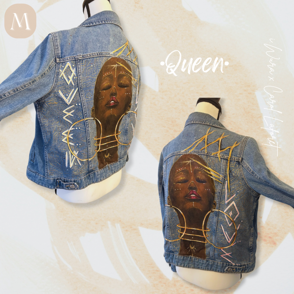veste en jean customisée main motif femme africaine- couleur vibrante - peinture ethnique – customisation de veste personnalisée - peinture textile à la main signé Carol Laforet