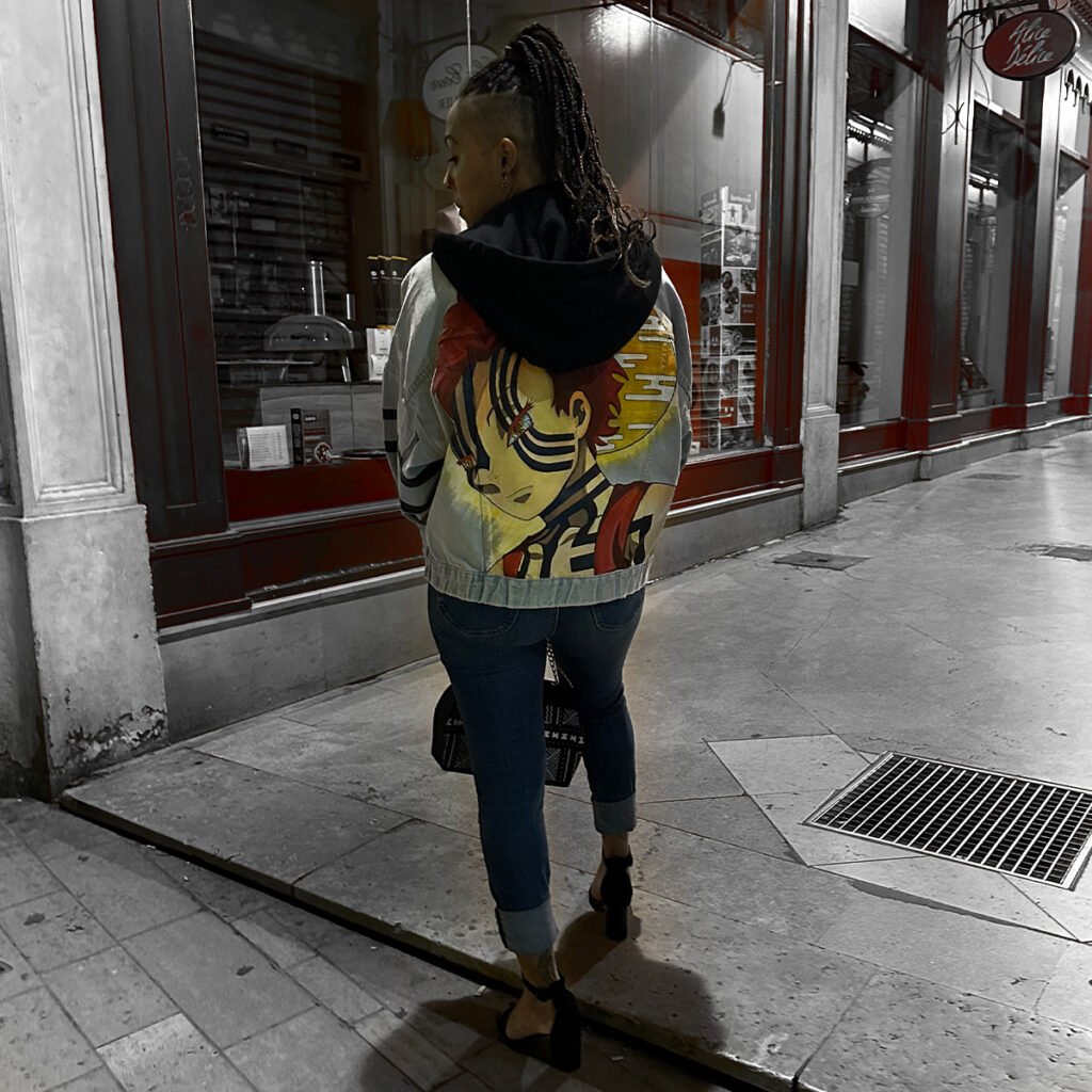 customisation veste personnalisée style manga - demon slayer - Akaza– peinture textile sur veste jean