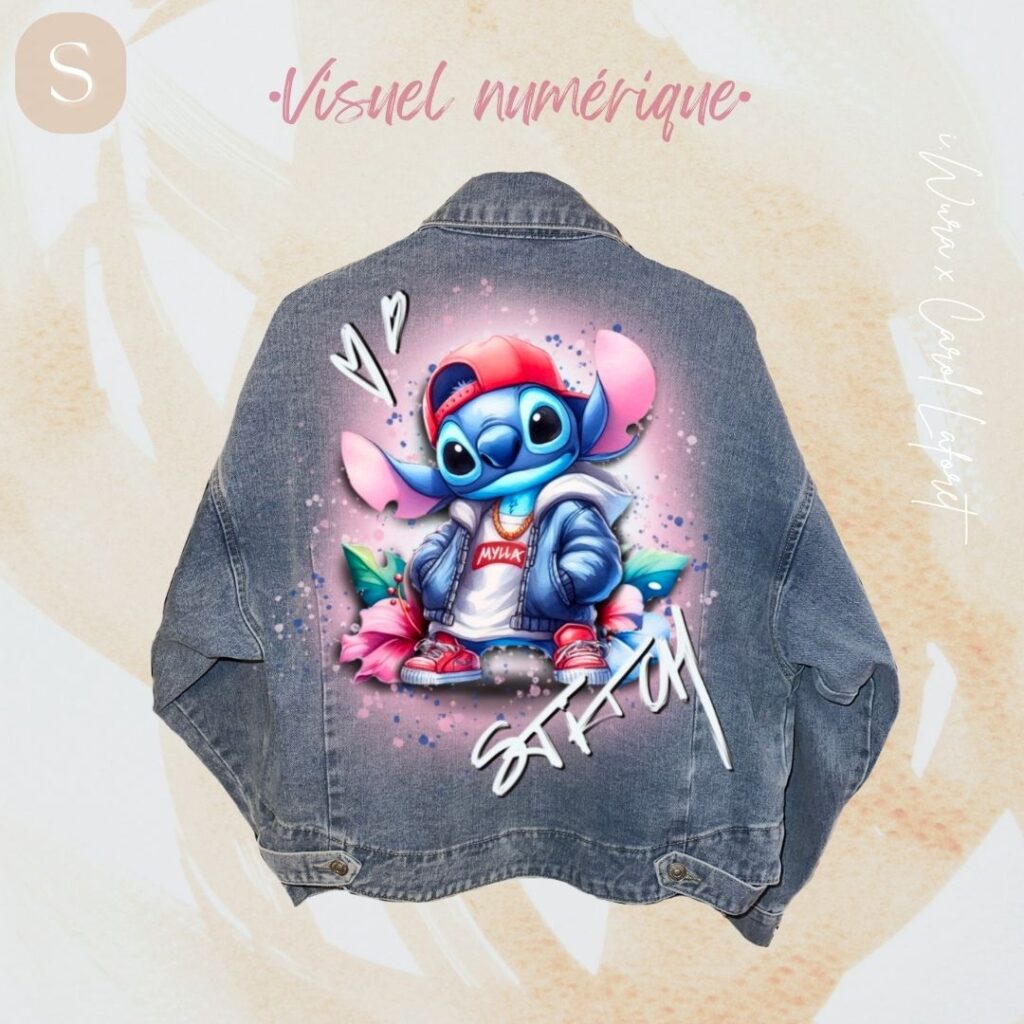 visuel digital de veste en jean customisée main motif animé stitch – customisation de veste personnalisée
