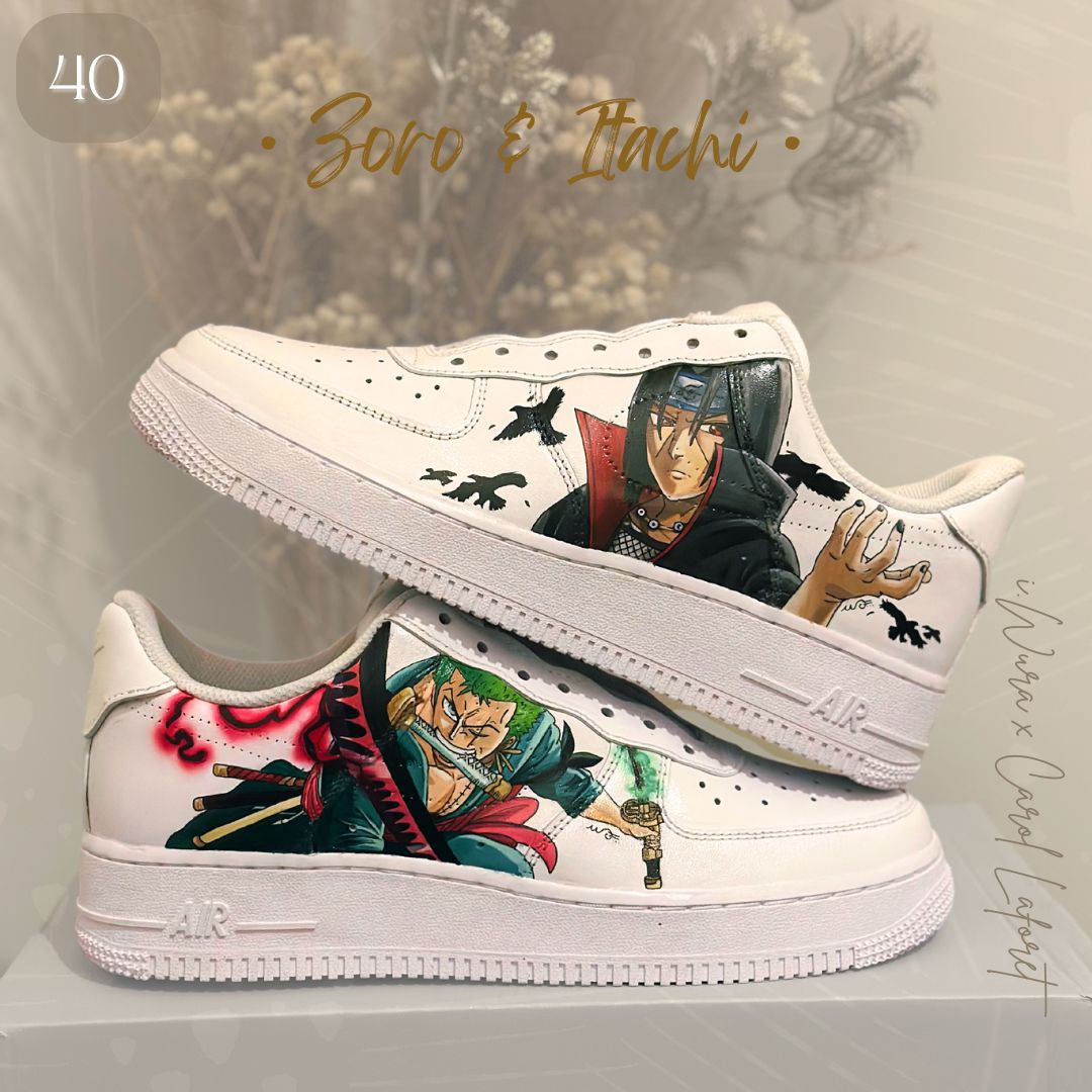 sneakers customisées peinture main- animé - manga one piece - zoro - Naruto - Itachi Uchiwa – iWura Design Lyon