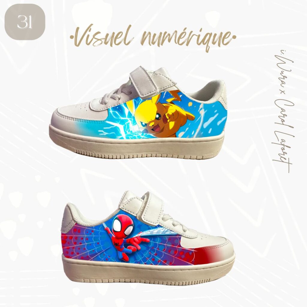 visuel numérique -maquette - sneakers customisées peinture main- animé - spider man - pikachu – iWura Design Lyon