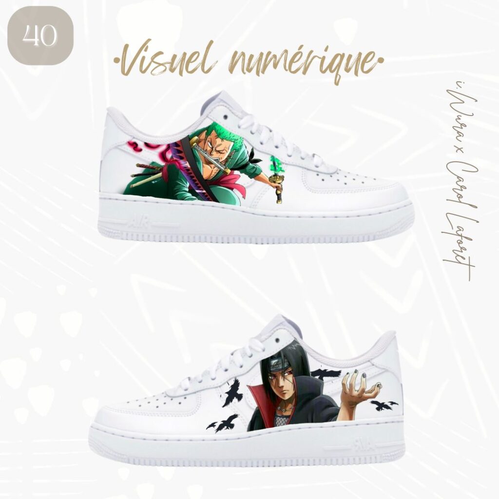 visuel numérique -maquette - sneakers customisées peinture main- animé - manga one piece - zoro - Naruto - Itachi Uchiwa – iWura Design Lyon