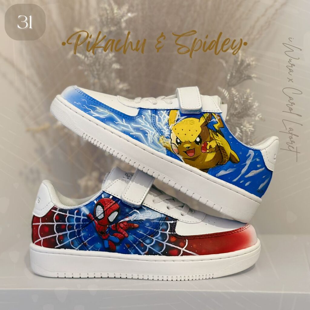 sneakers customisées peinture main- animé - spider man - pikachu – iWura Design Lyon